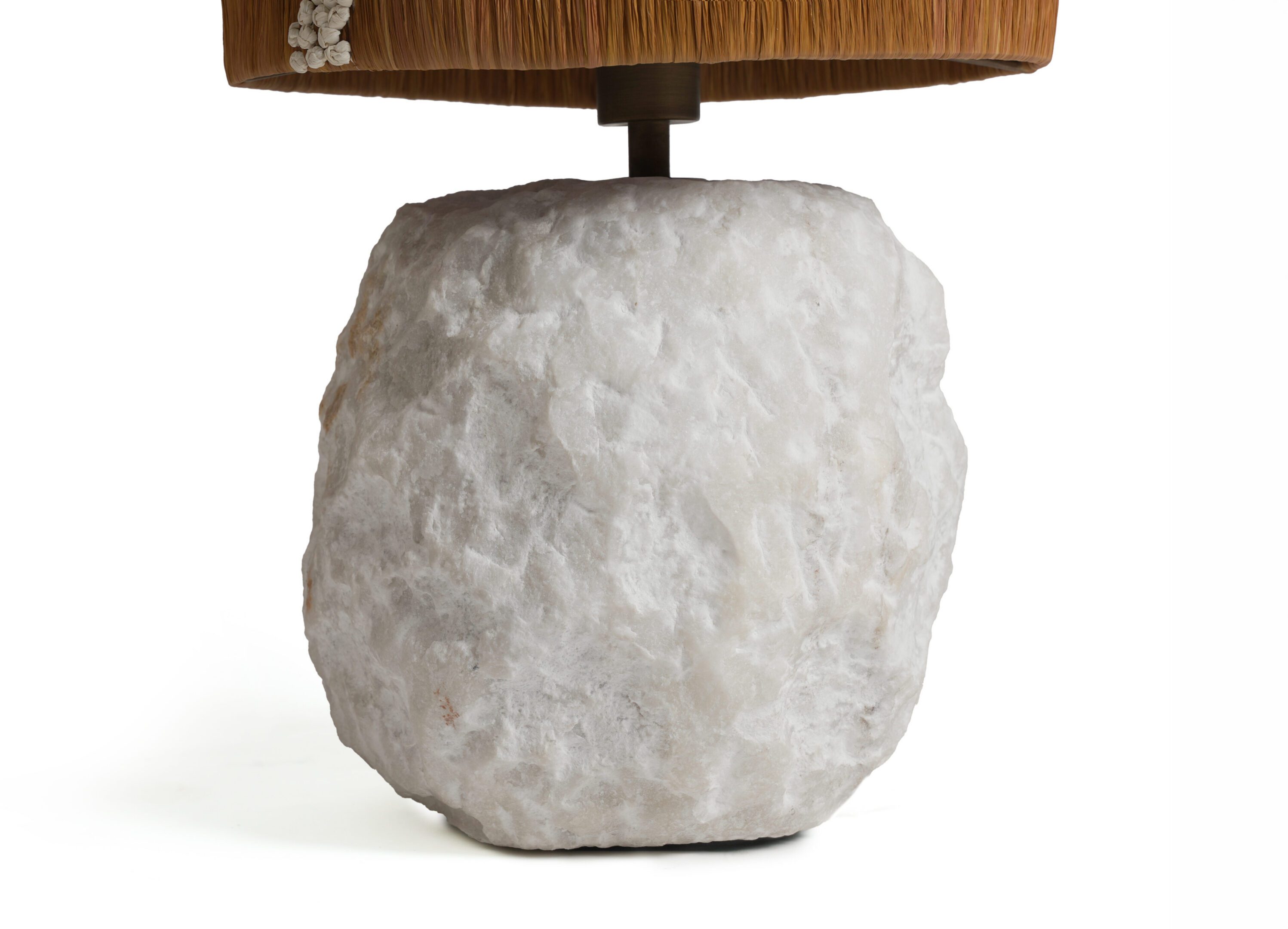 Rough white stone lamp base with brown shade