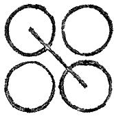 Four sketched circles crossed by diagonal arrow