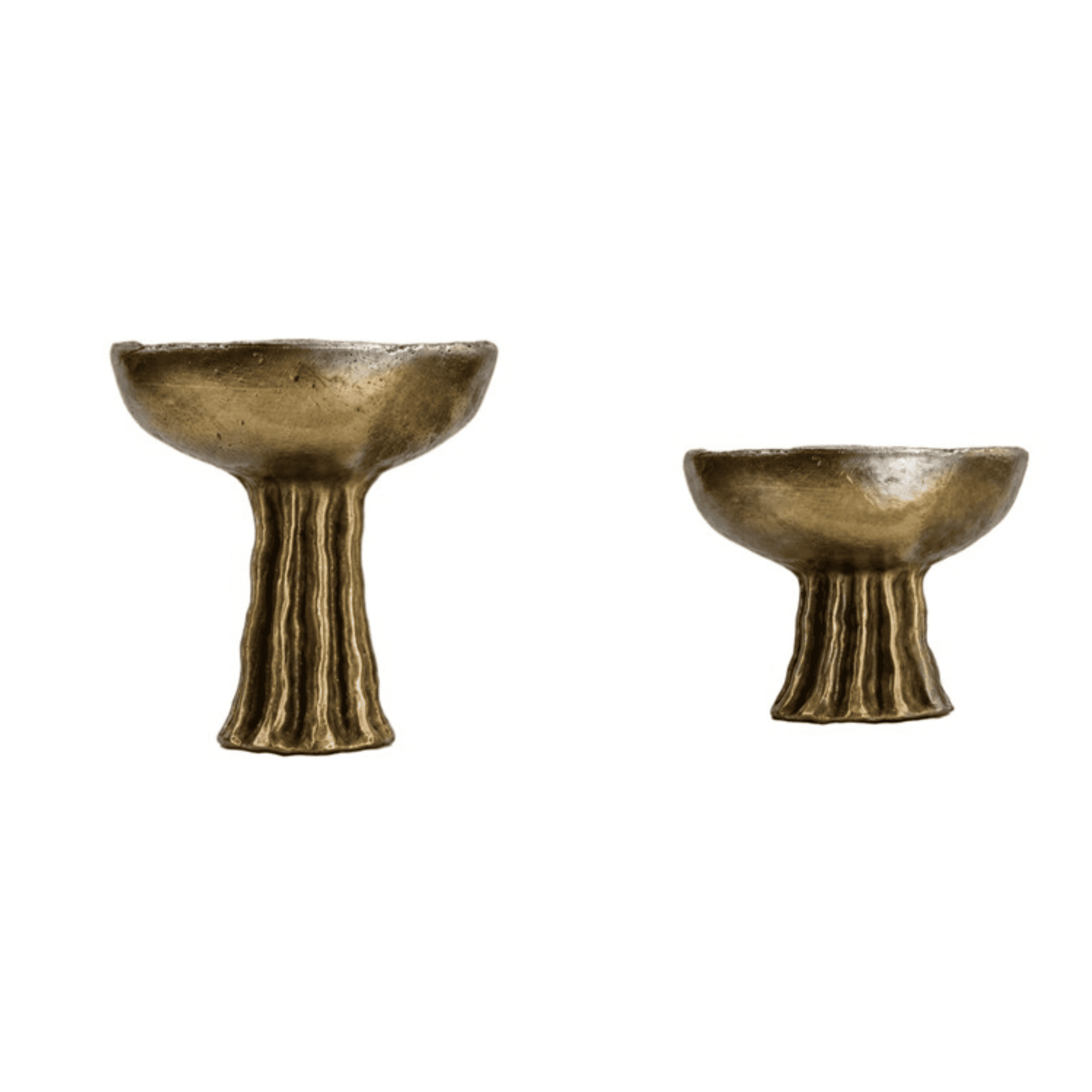 Two brass pedestal bowls on white background