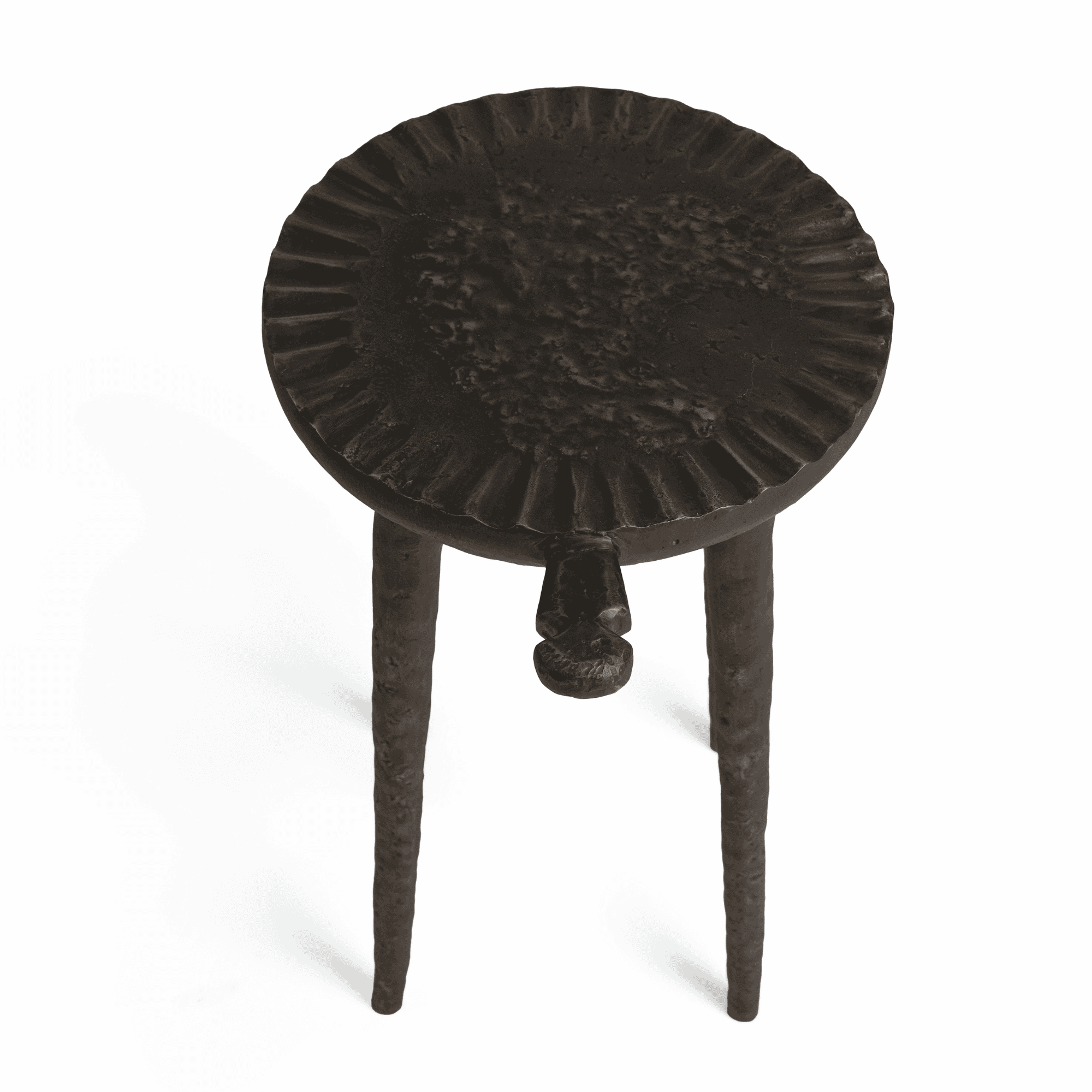 black hammered iron three-legged stool