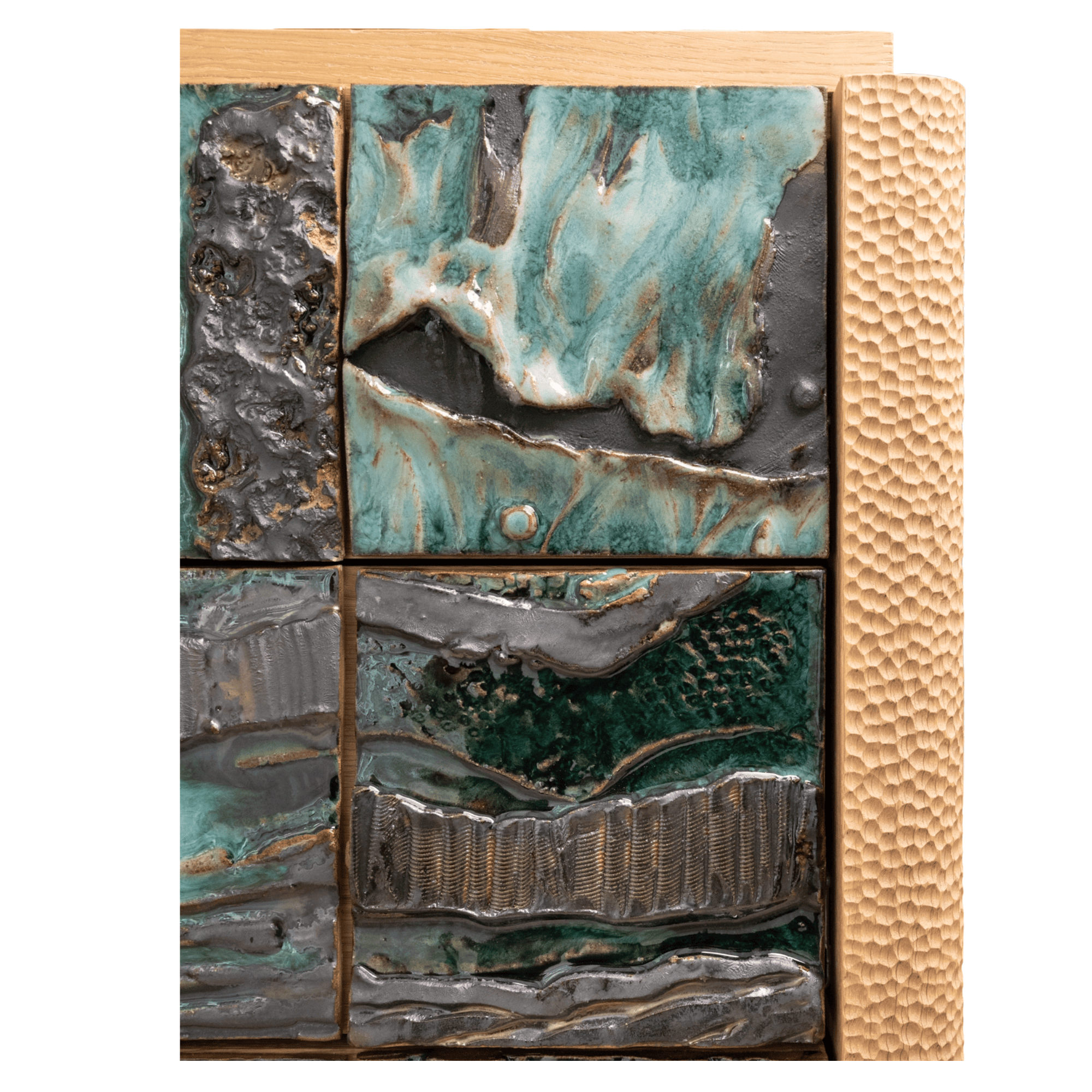 Textured turquoise ceramic tiles with wooden frame
