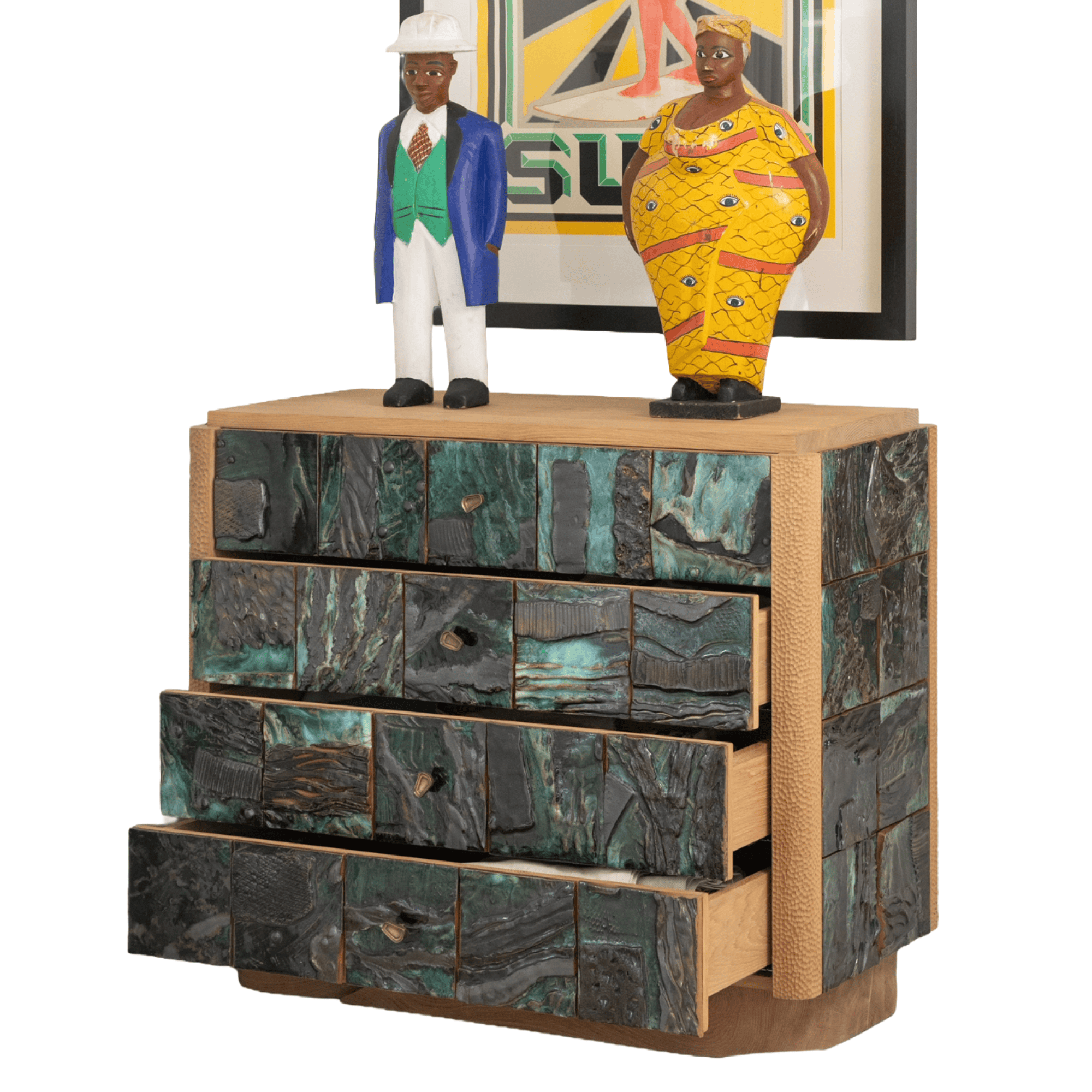 Textured turquoise panel chest with figurines
