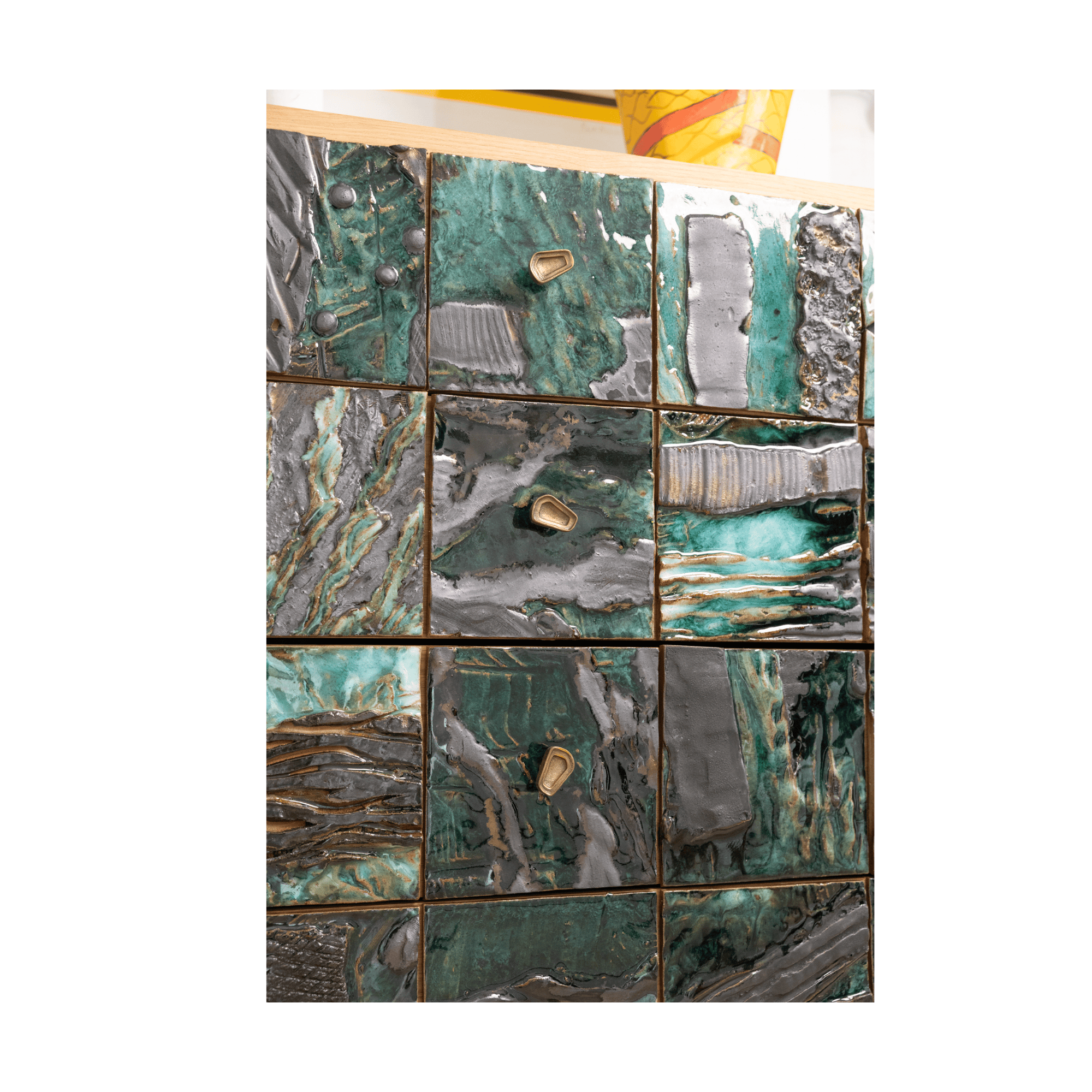 Textured green ceramic tile cabinet drawers