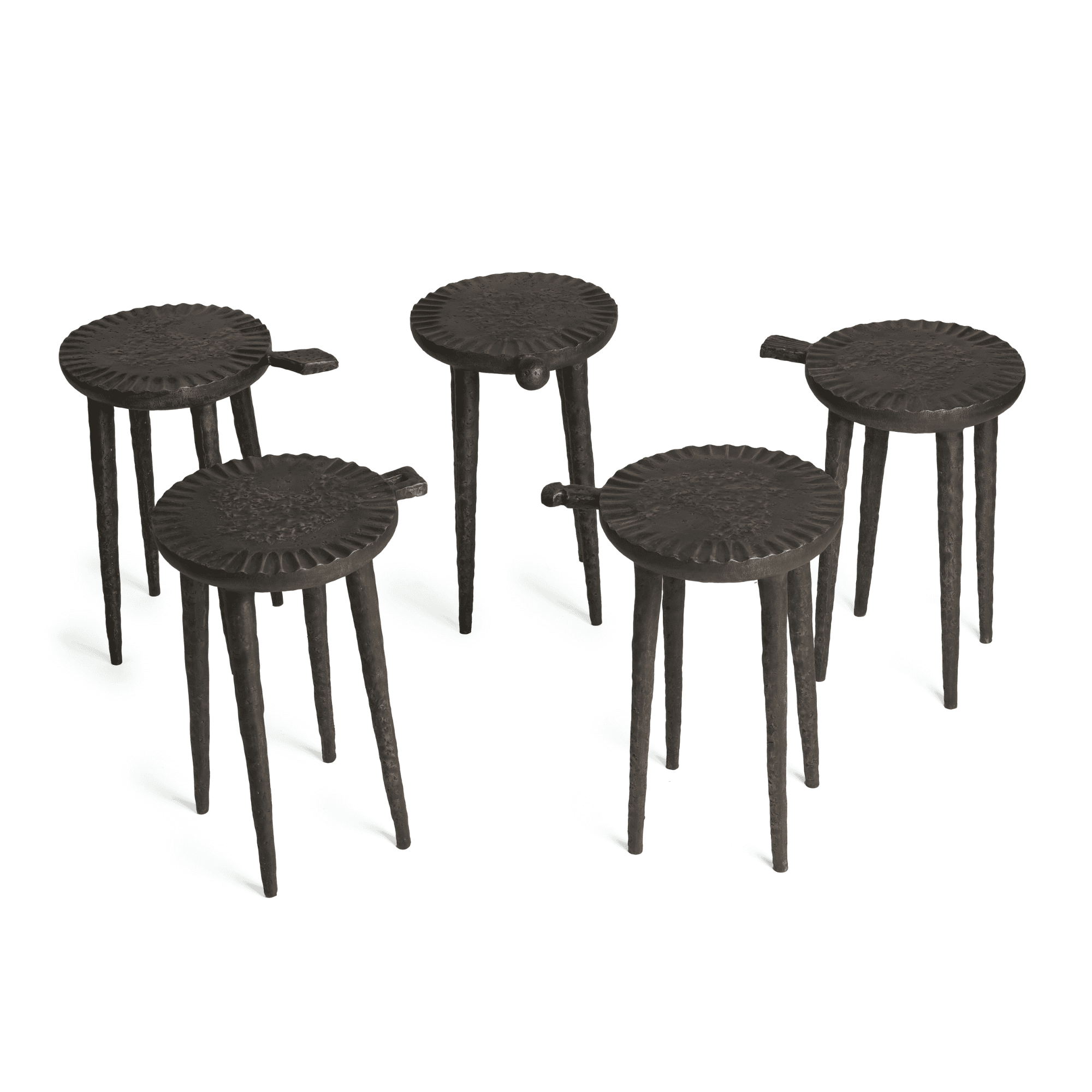 Set of five black cast-iron stools