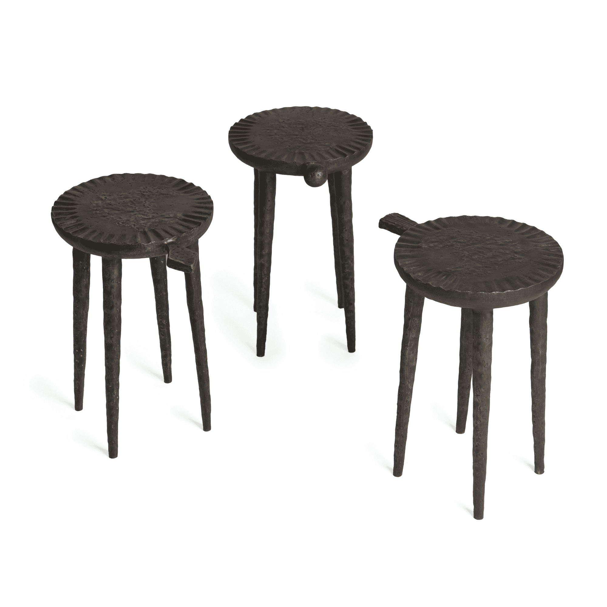 Three black textured metal stools