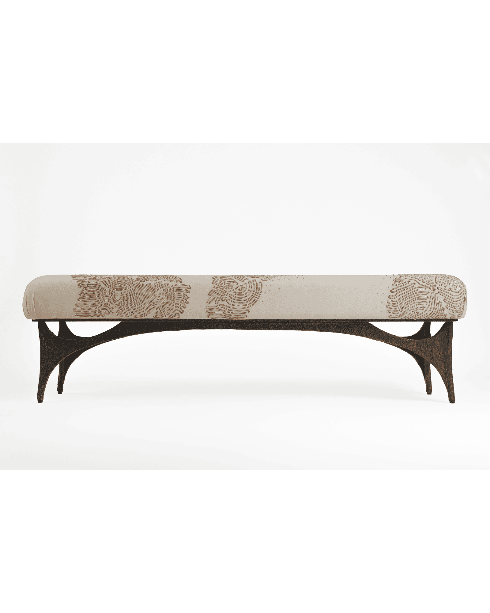 Beige bench with floral upholstery and carved base
