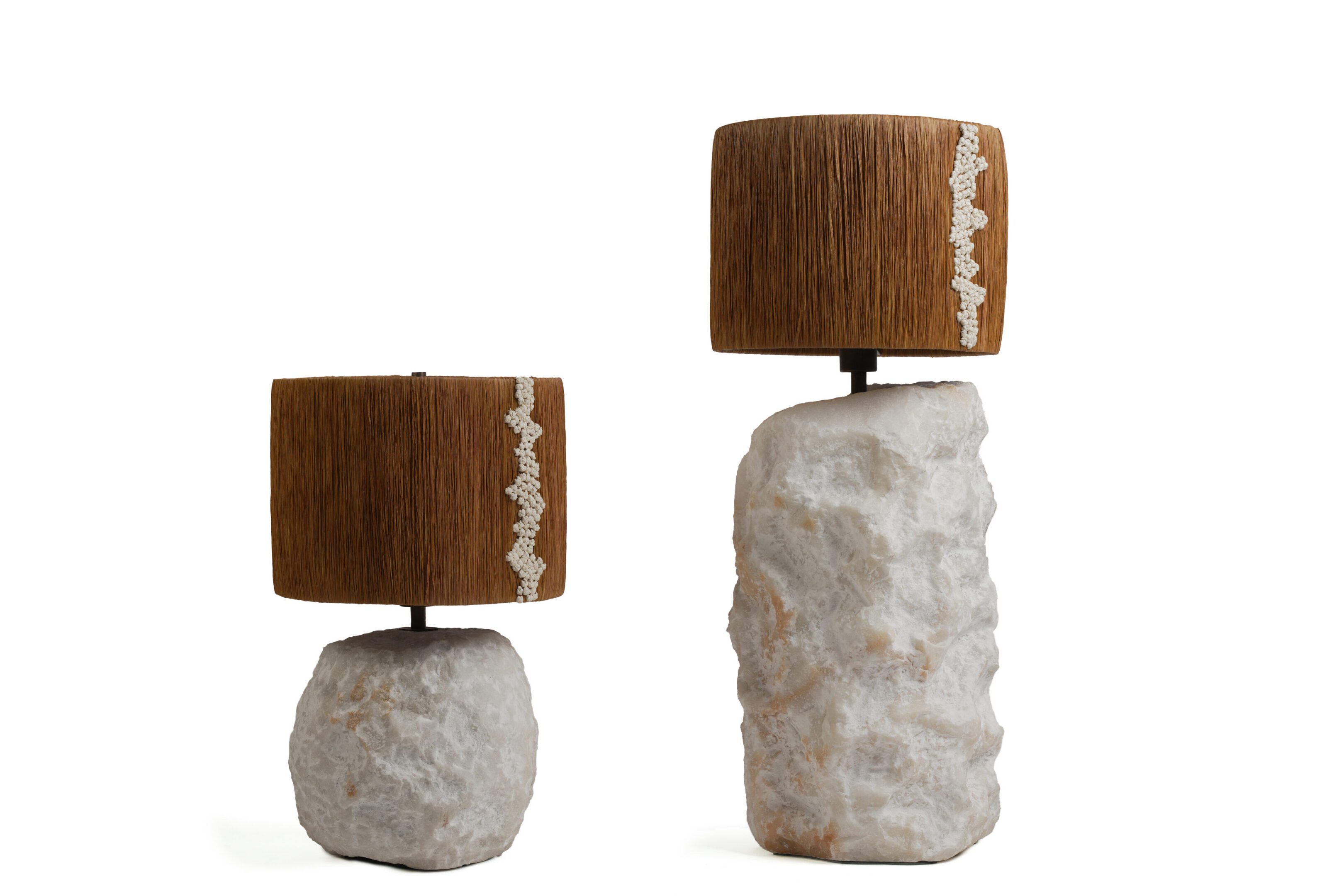 Pair of wooden-shade table lamps with stone bases