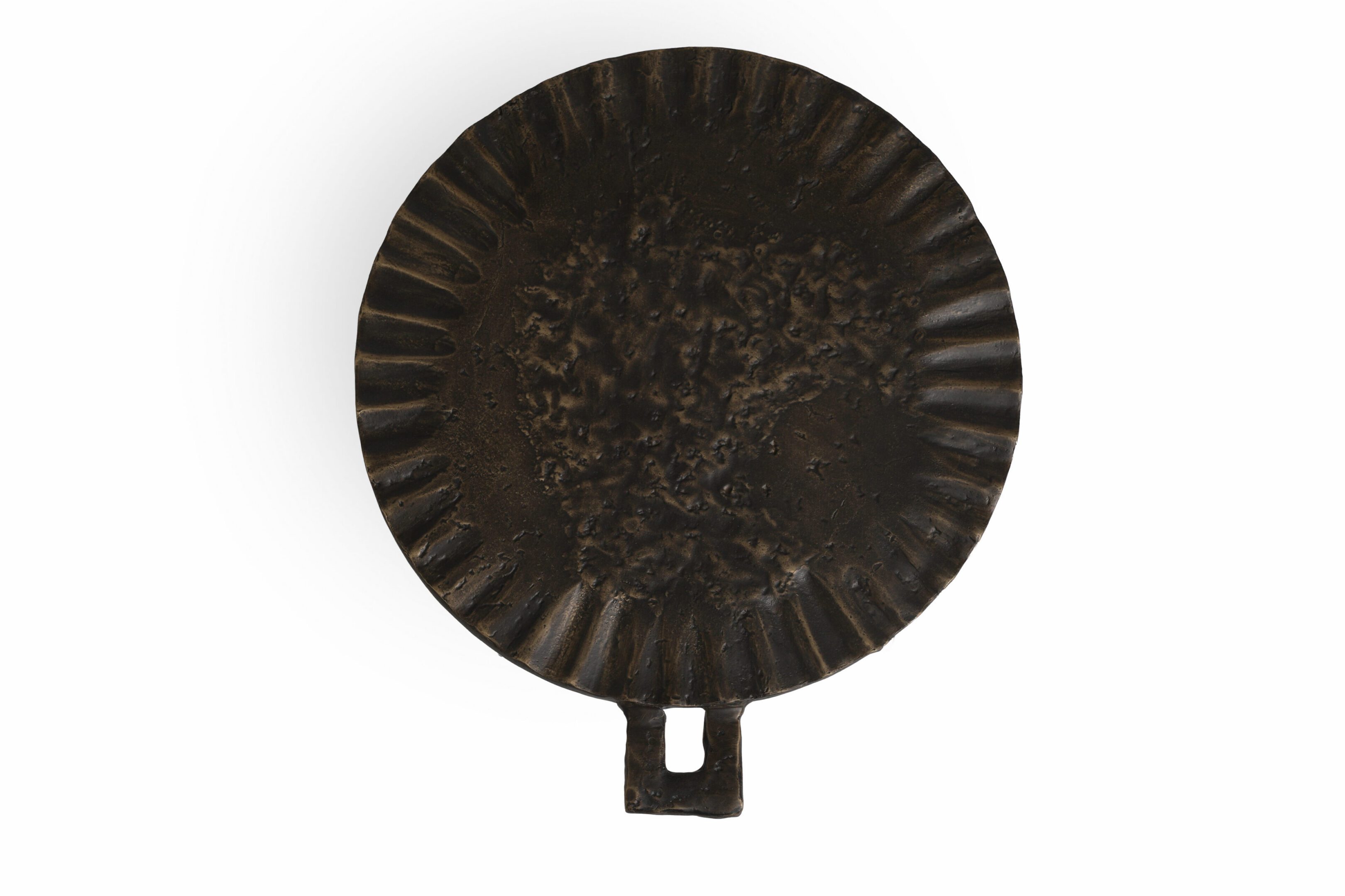 Dark round cast-iron pan with tab