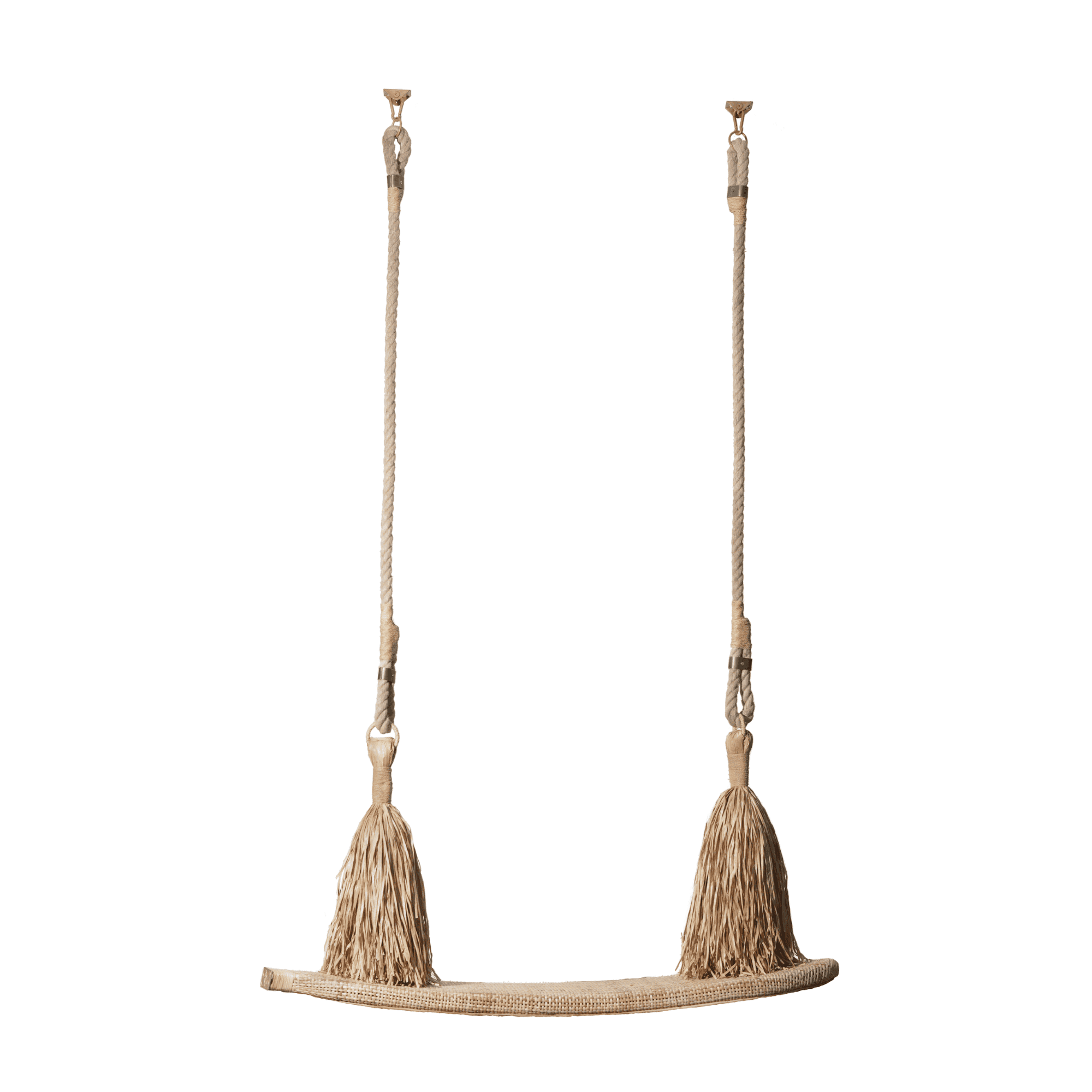 Rope swing with tasseled woven seat