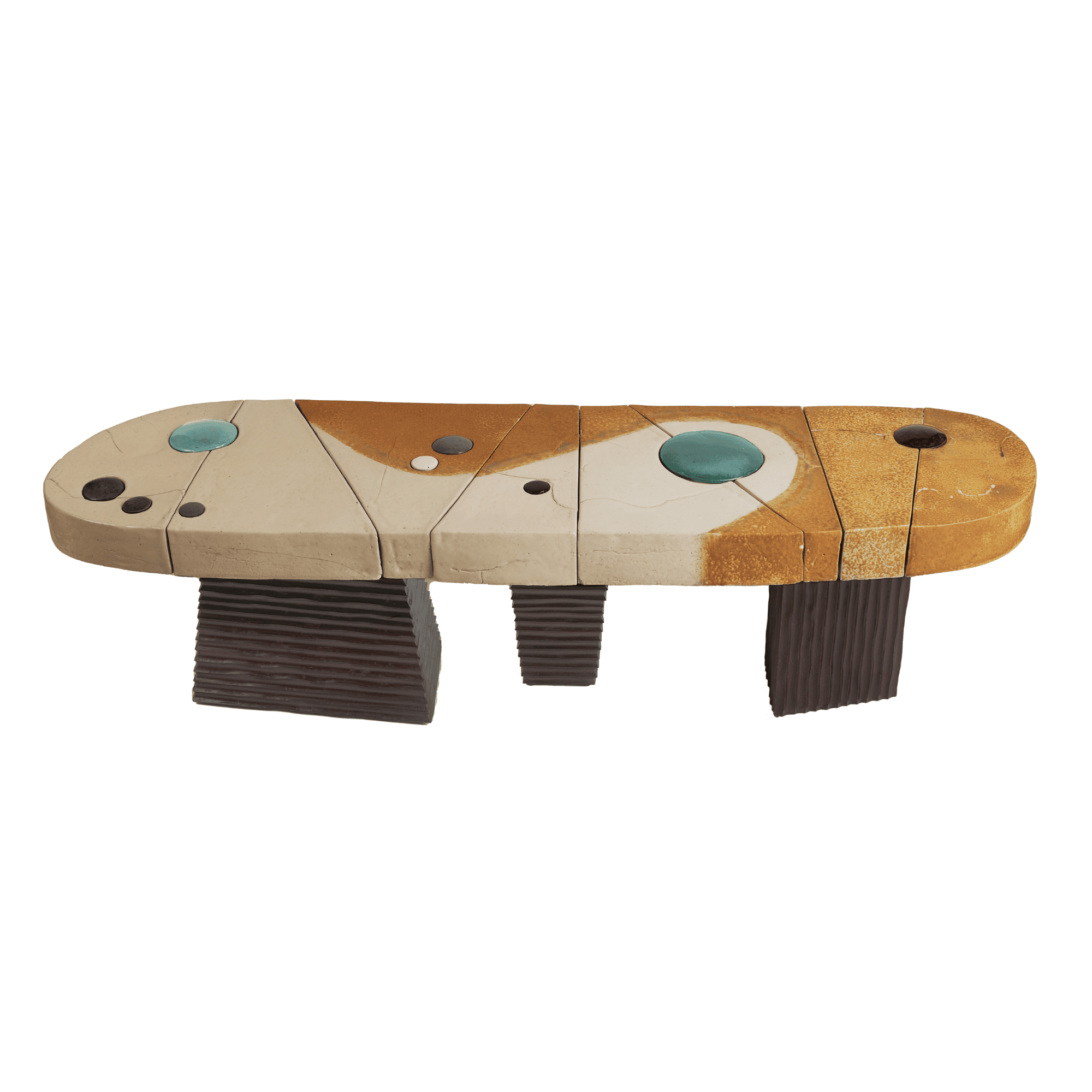 Abstract ceramic bench with turquoise insets